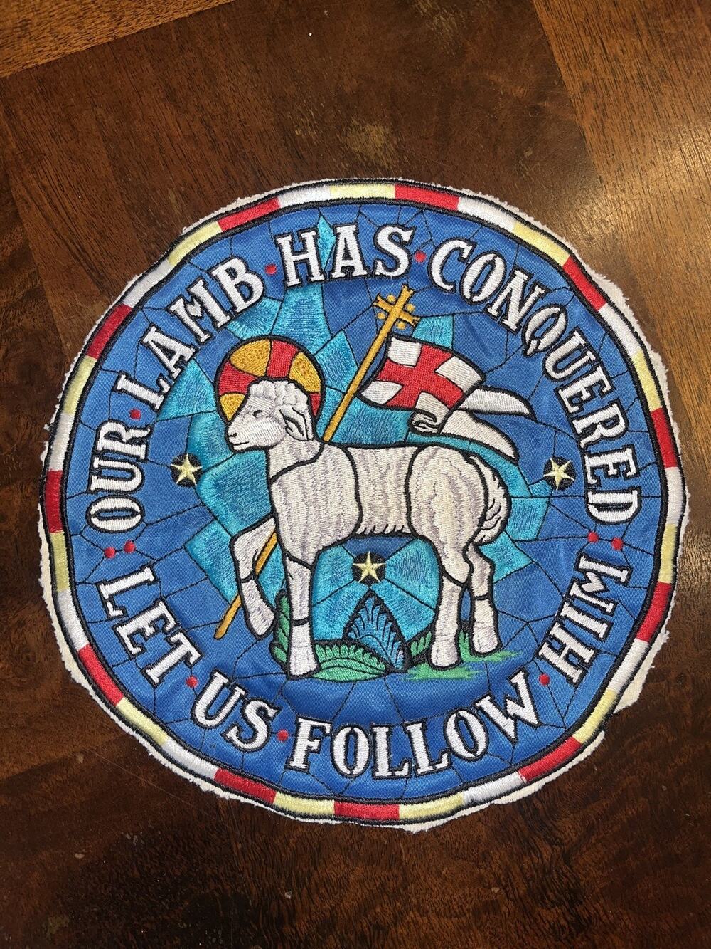 VINTAGE OUR LAMB HAS CONQUERED LET US FOLLOW HIM 8.5" ROUND EMBROIDERED PATCH